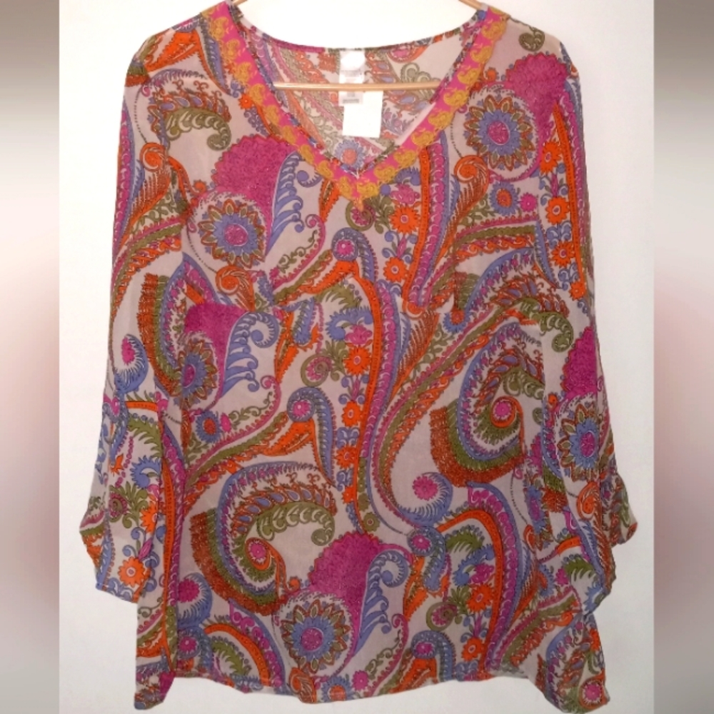 Ladies V-Neck Paisley Flowy Trendy Tunic Style Top Blouse Multi-Colored Size L